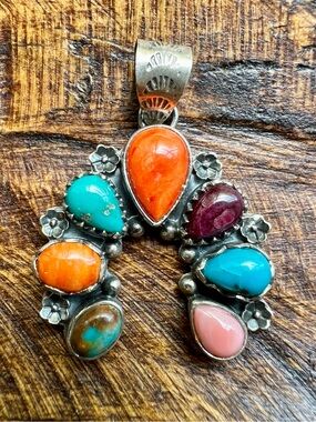 Sterling Silver Multi Stone Naja Pendant Turquoise Spiny Oyster Conch 925
